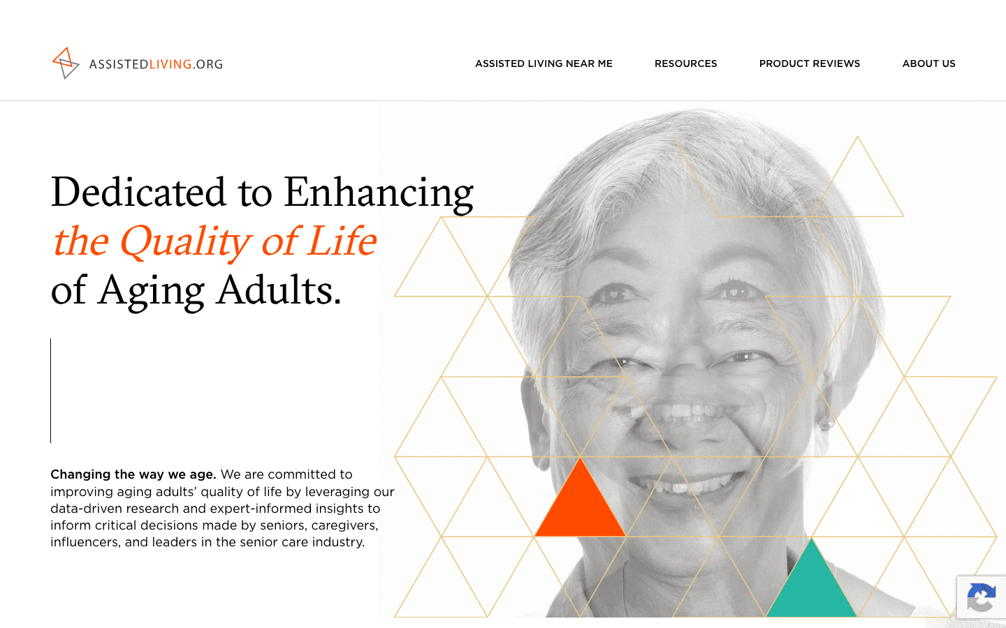 The home page of AssistedLiving.org, with the headline Dedicated to Enhancing the Quality of Life of Aging Adults and a black and white portrait overlaid with triangles.