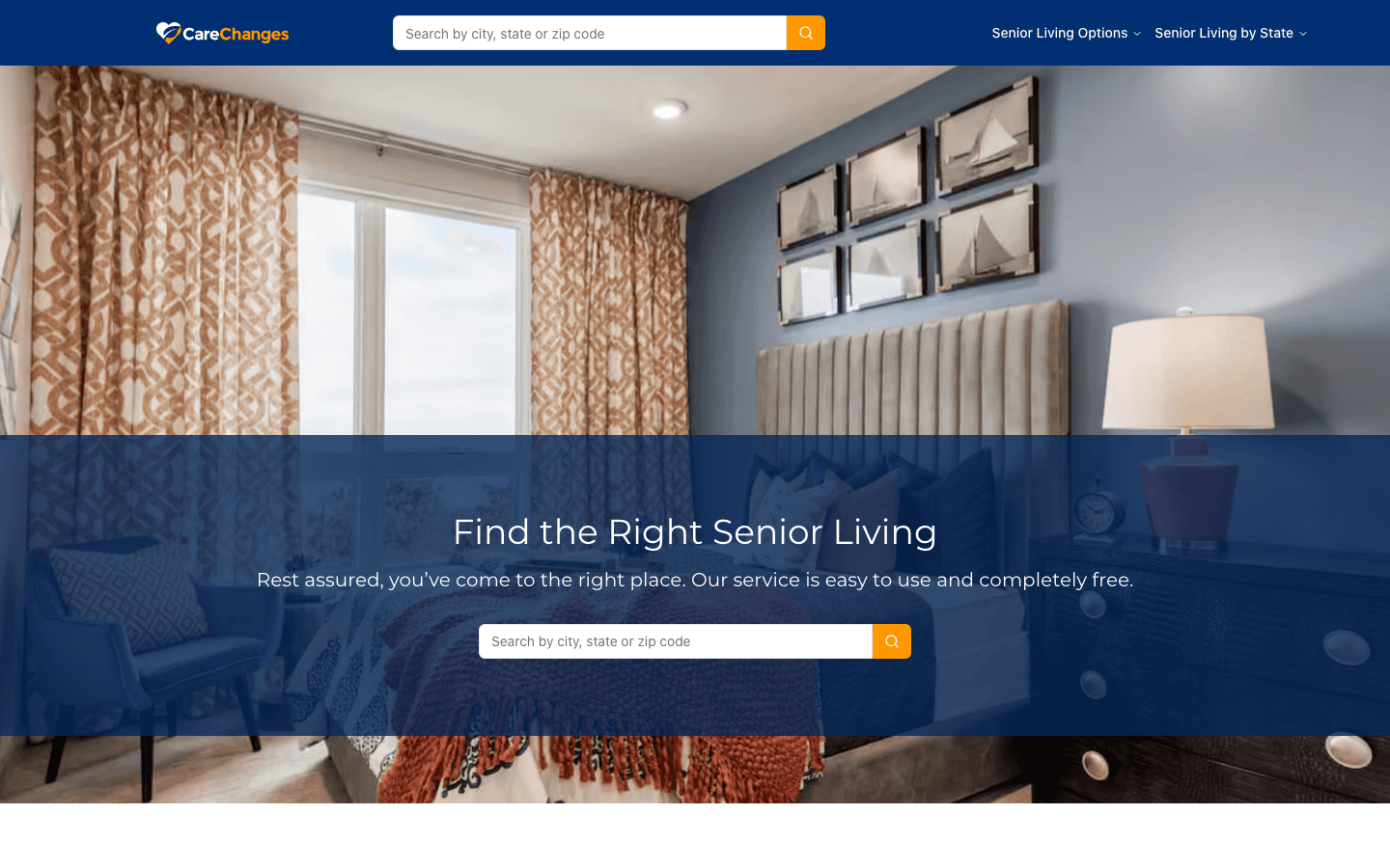 The home page of CareChanges, with a search box for city, state or zip code, a photo of a bedroom and the headline Find the Right Senior Living.