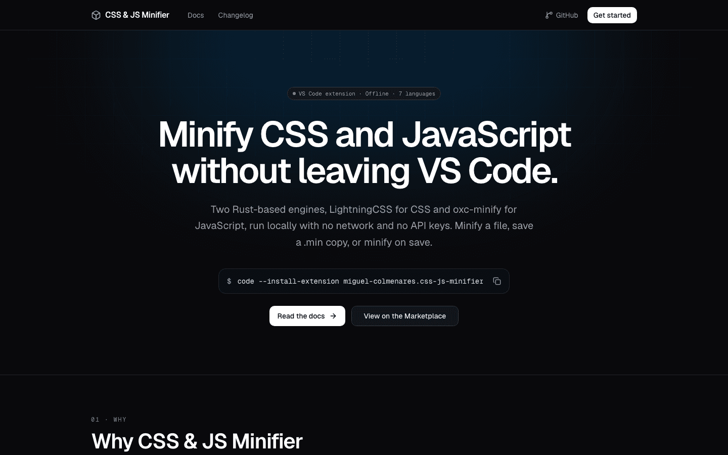 The documentation site of the CSS and JS Minifier extension, with the project name and a short description on a dark page.