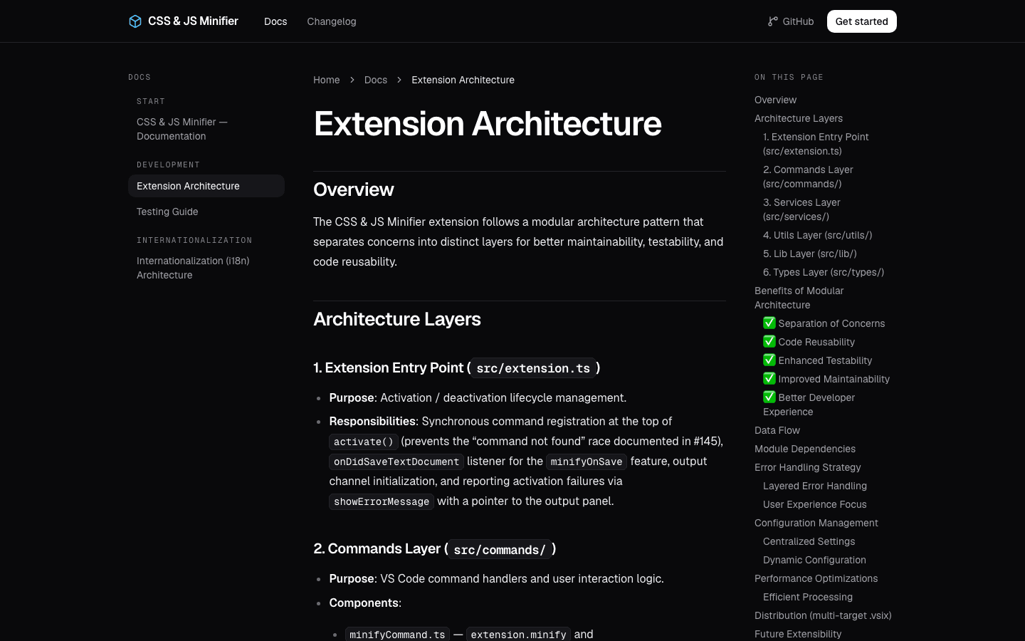 The architecture page of the extension's documentation site.