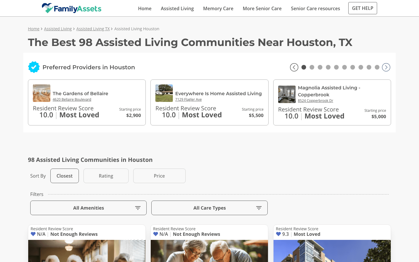 A city page of FamilyAssets, The Best 98 Assisted Living Communities Near Houston, TX, with preferred providers, sort buttons and filters for amenities and care types.