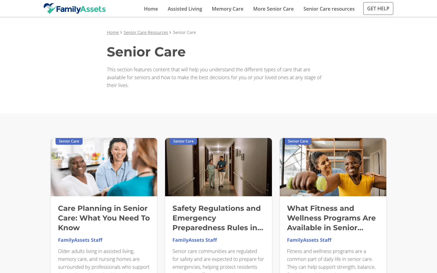The Senior Care resources section of FamilyAssets, a grid of articles by FamilyAssets Staff, each with a category tag and a cover image.