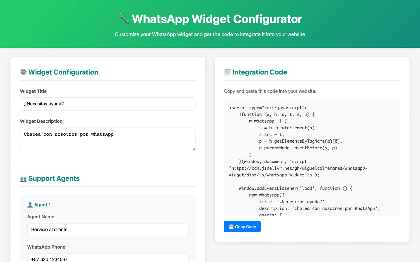 The WhatsApp widget configurator: a form with the widget title, description and support agents on the left, and the code to paste into a website on the right.