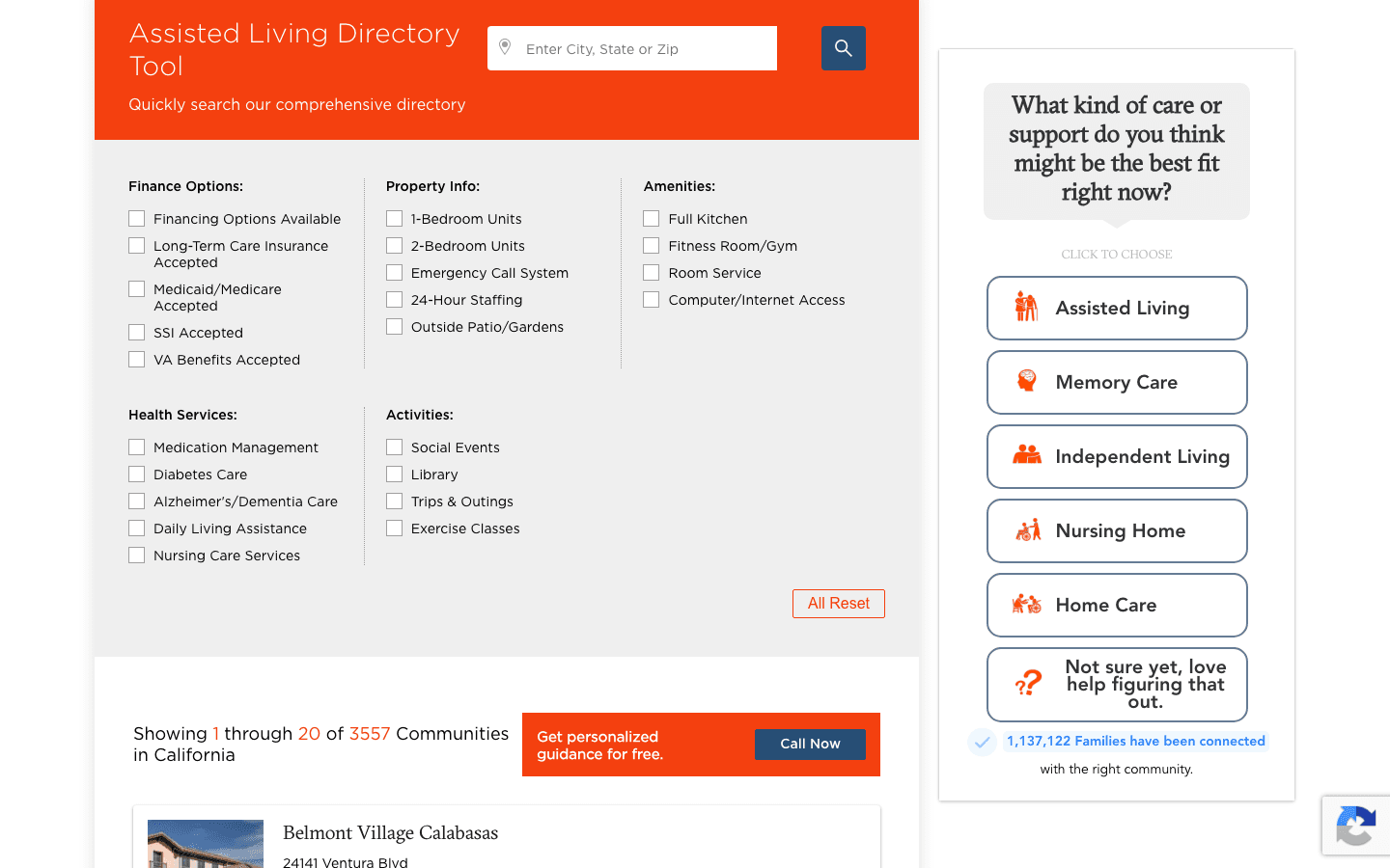 The Assisted Living Directory Tool on the California page of AssistedLiving.org: a search box for city, state or zip, and filters for finance options, property info, amenities, health services and activities, with the first communities below.