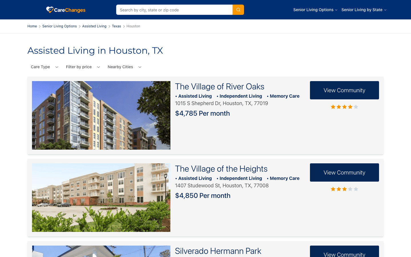 A city page of CareChanges, Assisted Living in Houston, TX, with filters for care type, price and nearby cities and a list of communities with a photo, care types, address and monthly price.