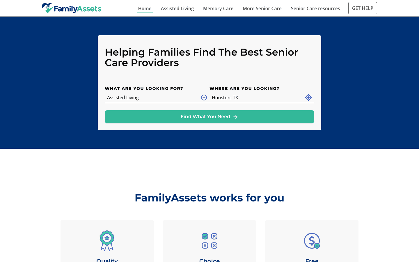 The home page of FamilyAssets, with the headline Helping Families Find The Best Senior Care Providers and a search by care type and location.