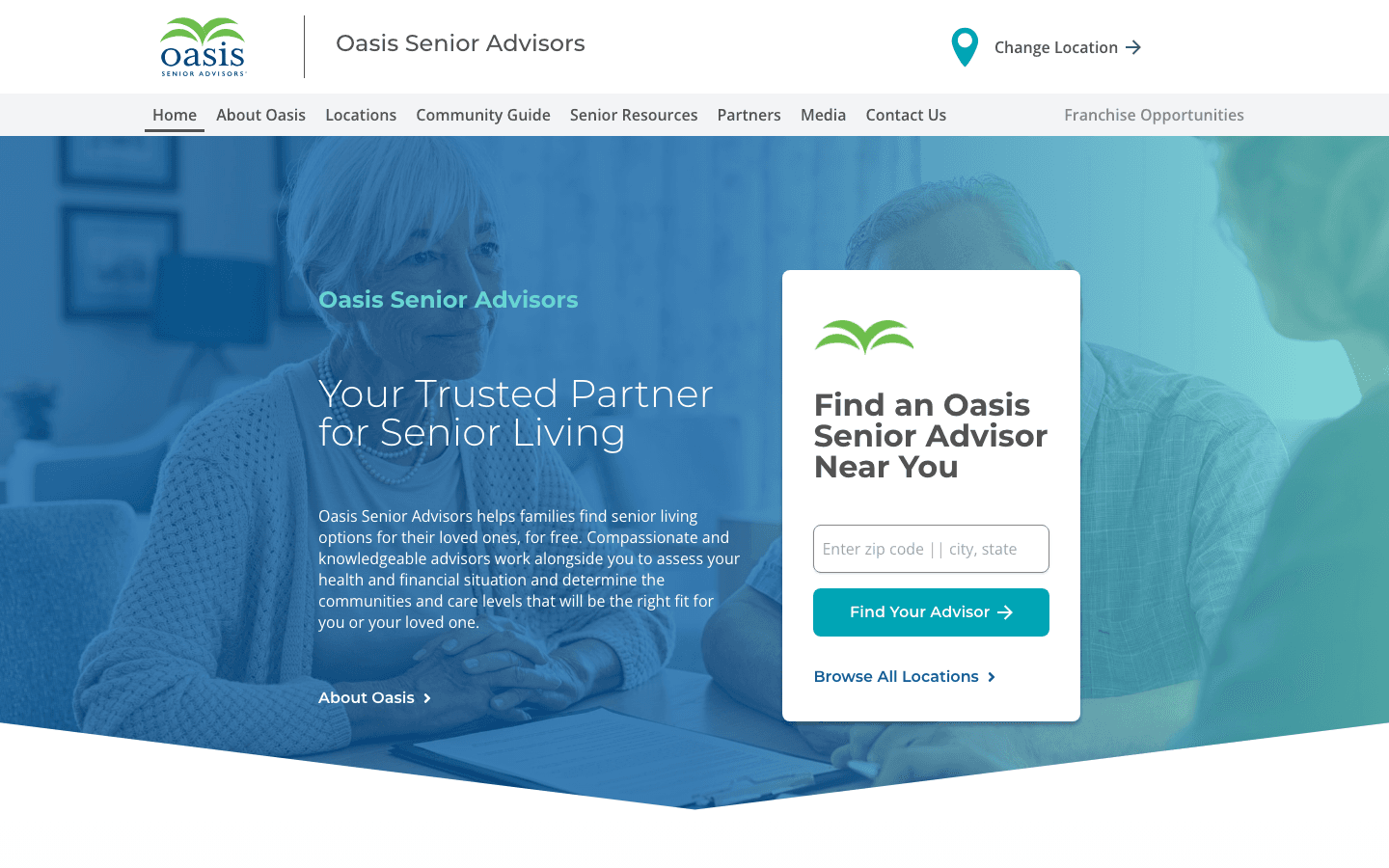 The home page of Oasis Senior Advisors, with a photo of an advisor and a client, the headline Your Trusted Partner for Senior Living and a search box to find an advisor.