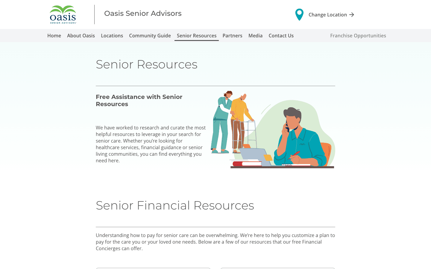 The Senior Resources page of Oasis Senior Advisors, with an introduction, an illustration and a section on senior financial resources.
