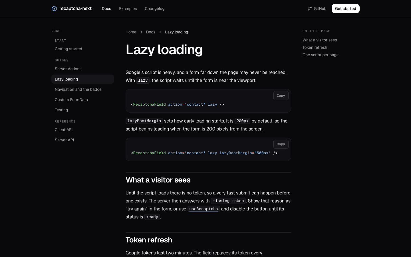 The documentation page about lazy loading Google's script until the form is near the viewport.