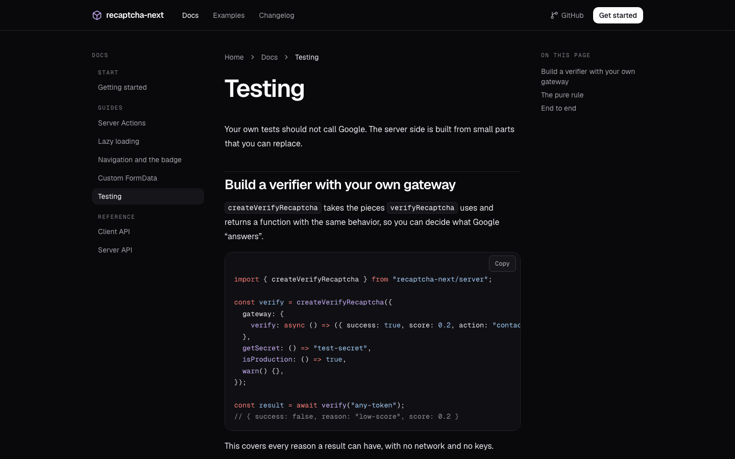 The documentation page about testing a form that uses reCAPTCHA.